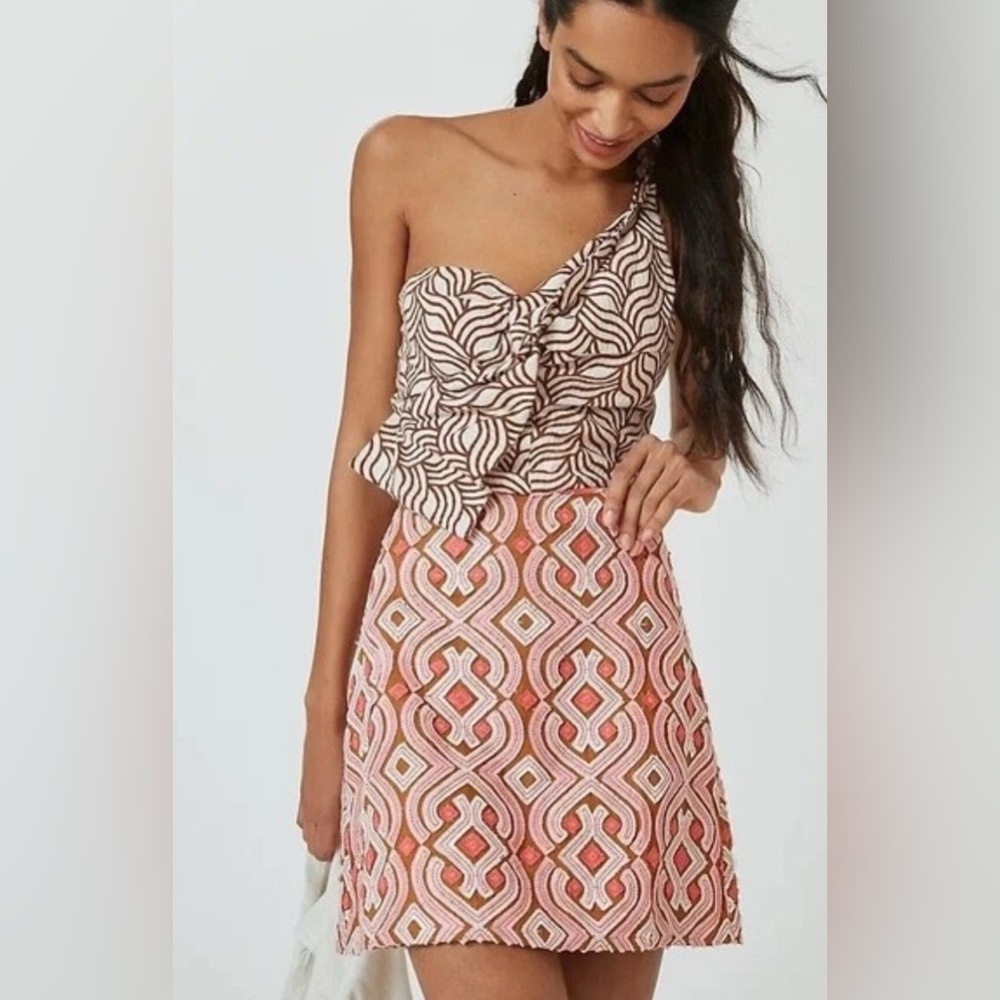 ANTHROPOLOGIE Linen Slim Mini‎ Skirt Geometric Skirt Embroidered Pink 10